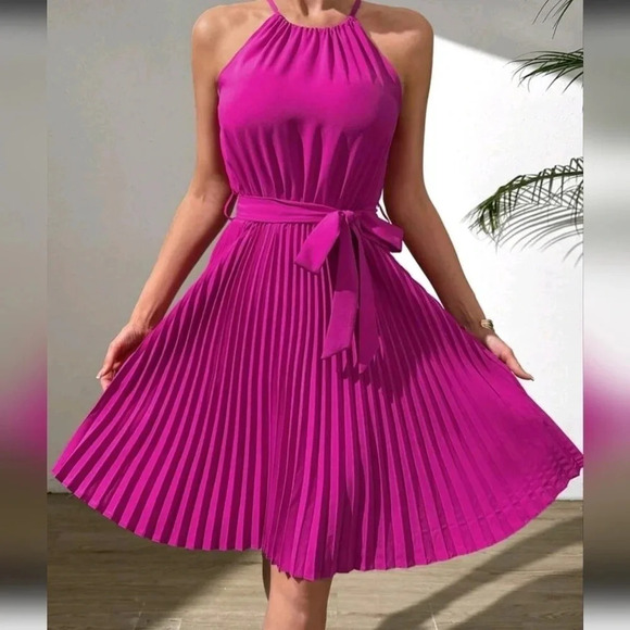 Solid Color Halter Neck Pleated Hem Swing Dress - Picture 1 of 6
